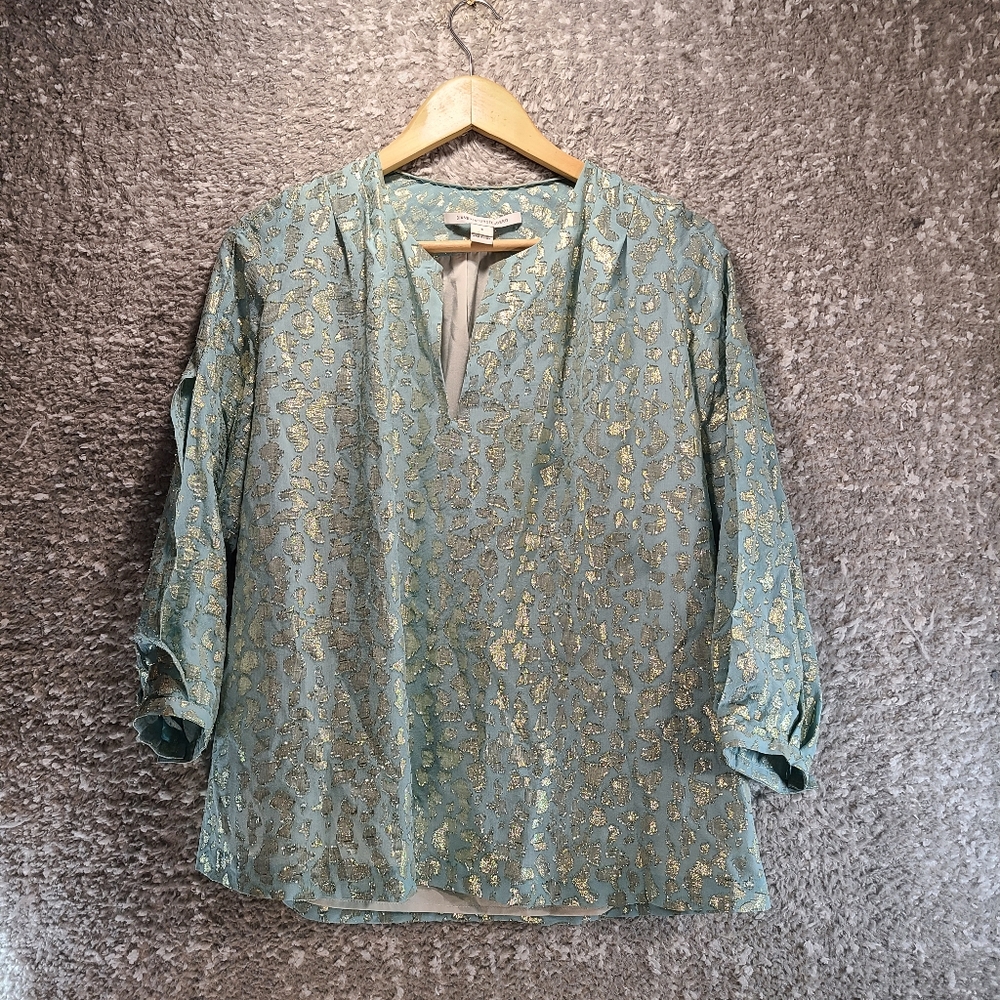 Diane von Furstenberg DVF Blue Gold Metallic Animal Print Peasant Blouse 6 Silk